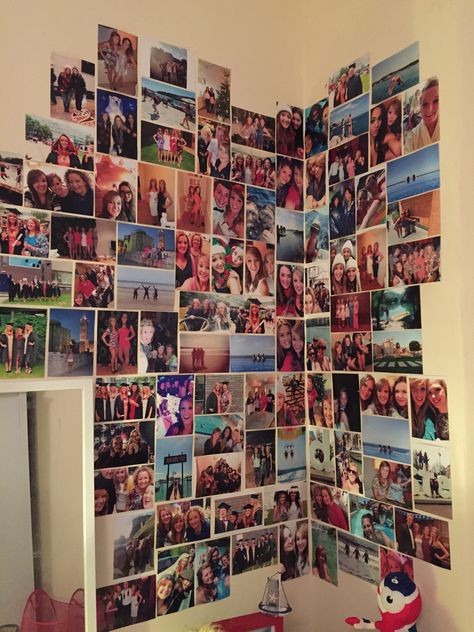 Collage of photos Photo Wall Collage In Corner, Photo Wall Collage Bedroom Framed, Photo Wall Collage Corner, Photo Collage In Room, Corner Photo Wall, Altar Corner, Collage Of Photos, Photo Arrangement, Garage Bedroom