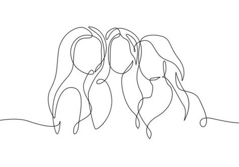 Friendship Line Art, 3 Sisters Aesthetic, Girl Outlines, Sisters Drawing, Friend Art, Friendship Photography, Black And White Instagram, Silhouette Tattoos, Angel Drawing