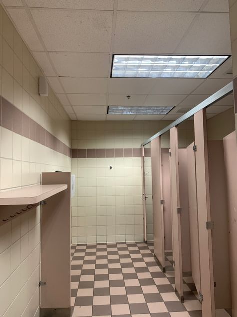 Pink Bathroom Bathroom Stalls Aesthetic, Pink Public Bathroom, Aesthetic Public Bathroom, Motel Bathrooms, Bathroom Stall Aesthetic, Public Bathroom Aesthetic, School Bathroom Aesthetic, High School Bathroom, School Restroom