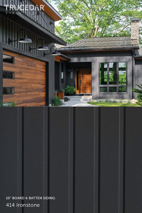 Image of Quality Edge Ironstone board & batten siding profile on a home. Vertical House Siding, Vertical Siding Exterior, Steel Siding, Vertical Siding, Modern Garage, House Siding, Shabby Chic Farmhouse, Cabin Design, Exterior Siding