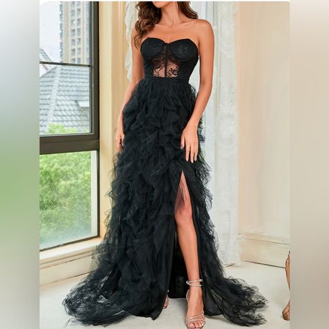 Black Tulle Prom Dress, Mesh Tube Top, Matric Dress, Tiered Tulle Skirt, Tulle Maxi Dress, Sleeveless Outfit, Tube Top Dress, Gala Dresses, Tulle Prom Dress