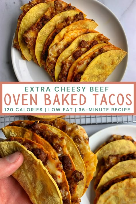 Mason Woodruff, Oven Baked Tacos, Baked Tacos, Low Calorie Recipes Dinner, Macros Diet, Healthy Low Calorie Meals, Low Calorie Dinners, No Calorie Snacks, Low Cal Recipes