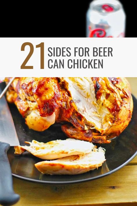 beer can chicken on a black plate with a knife and a can of beer in the background Barbecue Appetizers, Smoked Beer Can Chicken, Summer Bbq Side Dishes, Smoked Chicken Recipes, Baked Breaded Chicken, Drunken Chicken, Bbq Party Food, Chicken For Dinner, Chicken Poppers