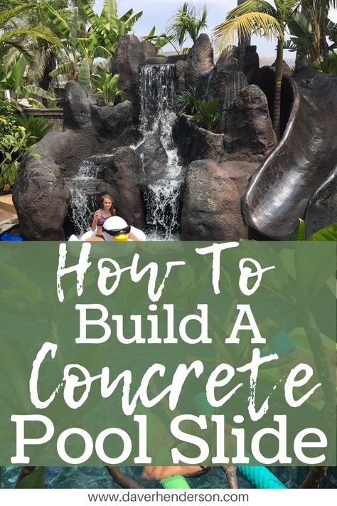 Looking to add some water features to your pool? Read this blog to learn how to build a concrete pool slide that is sure to keep the family entertained for Summer barbecues! You'll learn different concrete techniques and pool slide styles to do it yourself. #summer #poolslide #waterfeatures #diy Swimming Pool Slides Diy, Rock Pool Slide, Diy Pool Waterfall How To Build, Diy Pool Slides Inground, Diy Cement Pool, Homemade Pools Swimming Diy, Pool Slides Inground, Homemade Pool Slide, Diy Pool Slide