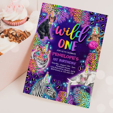 Cheetah Print Birthday, Cheetah Birthday Party, Lisa Frank Birthday Party, Cheetah Birthday, Rainbow Birthday Invitations, Animal Print Party, Animals Safari, Neon Birthday, Wild Safari