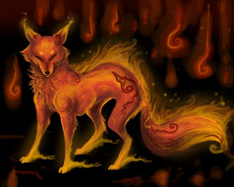 Fire fox by Kyuubreon.deviantart.com on @deviantART The Last Airbender Oc, Airbender Oc, Eve Ventrue, Robin Goodfellow, Wolf Packs, Fox Fire, Monster Beast, Arkham Horror, Volcanic Mountains