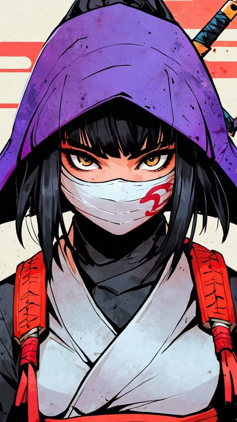 Close-up for a female ninja, anime art style. Love how vibrant this came out. Vibrant Anime Art, Anime Clown Female, Badass Anime Female, Anime Female Martial Artist, Anime Ninja Female, Ninja Girl Art, Female Ninja Art, Ninja Concept Art, Ninja Character Design