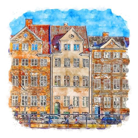 Copenhagen Denmark Watercolor sketch hand drawn illustration Denmark Illustration, Denmark Painting, Hand Drawn Illustration, Scandinavian Art, Drawn Illustration, Copenhagen Denmark, Watercolor Sketch, Copenhagen, Denmark