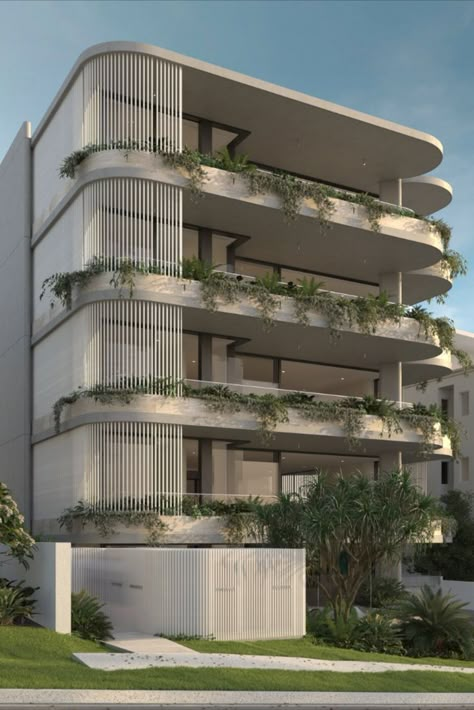 Midrise Residential Building, Apartment Design Ideas Exterior, Beautiful Apartment Buildings, Residential Building Facade Design, Facade Architecture Design Buildings, Greenery Building, Hotel Building Architecture, Architecture Elevation Design, Modern Buildings Architecture