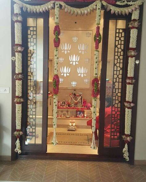 Mandir Decor, Pooja Unit, Temple Room, Pooja Door Design, Kampar, Mandir Design, Housewarming Decorations, Temple Design For Home, Pooja Room Door Design