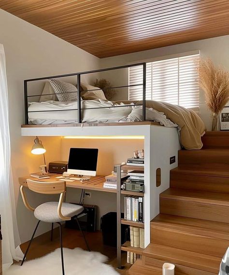 Bunk Bed With Desk And Stairs, Cozy Loft Bedroom Ideas, Bunk Beds Desk Underneath, Bed Mezzanine Small Rooms, Loft Bed In Closet, Bunk Desk Bed, Tiny Bedroom Loft Bed, High Bed Ideas Small Room, Studio With Loft Bed