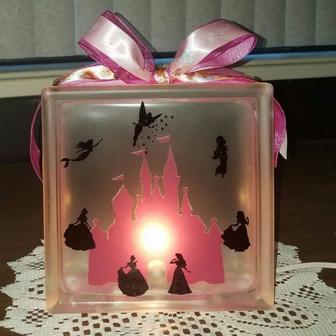 Pink Disney Castle, Christmas Vinyl Projects, Painted Glass Blocks, Disney Princess Silhouette, Piggy Bank Diy, Decorative Glass Blocks, Glass Block Crafts, Lighted Glass Blocks, Wood Craft Patterns