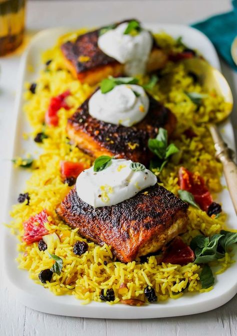 Crispy Salmon with Indian Spices and Jeweled Rice Indian Salmon, Jeweled Rice, Dishing Out Health, Crispy Salmon, Spiced Lentils, Salmon Spices, Lentil Burgers, Easy Salmon Recipes, Healthiest Seafood