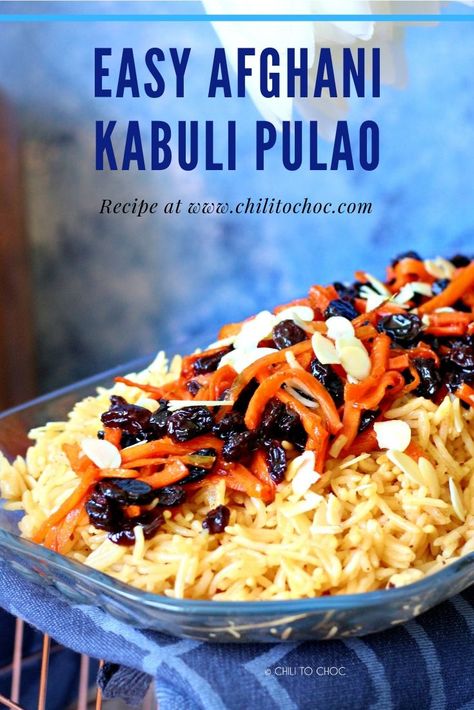 Afghan Rice With Raisins, Afgan Recipes, Sweetened Carrots, Afghan Rice Recipe, Afghan Rice, Afghani Pulao, Middle Eastern Recipes Arabic Food, Afghanistan Food, Kabuli Pulao