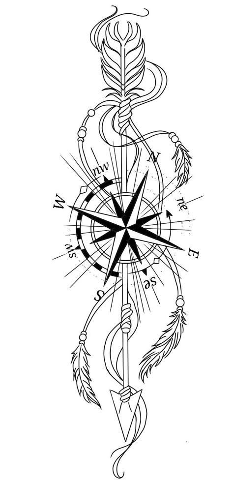 Compass Tattoo With Feathers, Arrow And Compass Tattoo Design, Native American Compass Tattoo, Compass Arrow Tattoo Feminine, Compas Tattoo Designs, Compass Dreamcatcher Tattoo, Arrow And Compass Tattoo, Dream Catcher Compass Tattoo, Compass With Arrow Tattoo