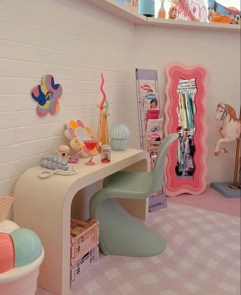 Pastel Floating Shelves, Funky Pastel Bedroom, Wall Desk Bedroom, Pastel Furniture Bedroom, Barbie Core Aesthetic Room, Pastel Room Furniture, Pastel Bedroom Furniture, Walk In Closet Hangout Space, Danish Pastel Living Room Aesthetic