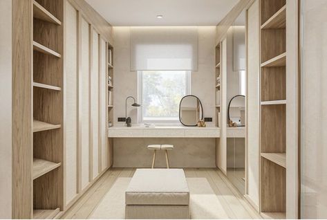 Walking In Wardrobe, Japandi Walk In Wardrobe, Walk In Wardrobe With Vanity, Walkin Closet With Vanity, Bathroom And Walk In Closet Combo Layout, Japandi Walk In Closet, Dressing Room Minimalist, Walk In Closet Island, Small Walkin Closet Ideas