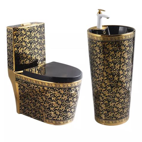 Gold Wash Basin, Toilet With Sink, Golden Toilet, Toilet Size, Pedestal Sink Bathroom, Luxury Toilet, Sink Sizes, Toilet Sink, Ceramic Bathroom