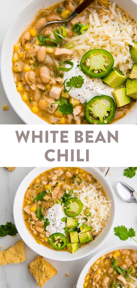 This white bean chili is just perfect! It's absolutely loaded with flavor, easy to make, creamy, and super filling. It's healthy and really the best white bean chili out there! Made with chicken, chiles, white beans, and corn, it's a must for your fall and tailgating recipes rotation! #chili #tailgating #chickenrecipes #fallrecipes White Bean Chili Recipe, Bean Protocol, White Bean Soup Recipes, White Bean Chicken Chili, White Bean Chili, Bean Chili Recipe, Chili Recipe Easy, Bean Chili, Bean Soup Recipes