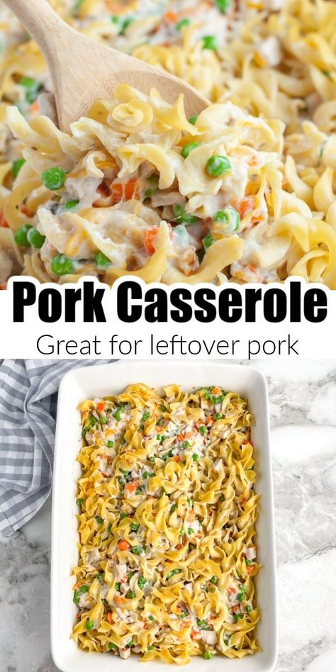 Pork casserole is a simple, delicious meal that can be made with leftover pork. Filled with egg noodles, pork, veggies, and cheese, this is a hearty casserole that makes great leftovers. Recipes Leftover Pulled Pork, Canned Pork Recipe, Casserole With Pork Loin, Casserole Recipes With Pork, Recipes With Pork Roast Leftovers, Leftover Porketta Roast Recipes, Pork Casserole Recipes Easy Meals, Pork Loin And Pasta Recipes, Using Leftover Pork Chops