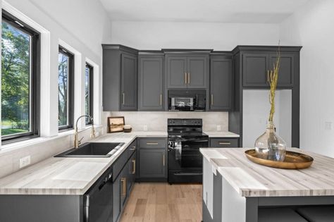 Grey Cabinets With Gold Hardware, Gray Cabinets With Gold Hardware, Gold Hardware Kitchen, Cabinets With Gold Hardware, Gold Kitchen Hardware, Waterfall Counter, Black Sink, Gray Cabinets, Garage House Plans