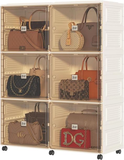 pace-Saving Innovation: the purse organizer is foldable and stackable, maximizing storage use. Use purse organizers for closet individually or in combination to create a personalized storage system tailored to your needs.
Magnetic Door Design: The doors feature hidden magnets, ensuring effortless opening and closing. 
Transparent Doors: Not only does the display cabinet add style to your space, but its transparent design also enables quick retrieval of your items. Luxury Handbag Storage, Closet Purse Storage, Transparent Doors, Organizer For Closet, Purse Storage, Handbag Storage, Magnetic Door, Cubby Storage, Purse Organizer