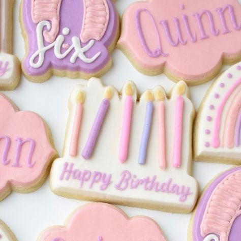 Pink And Purple Birthday, Purple Cookies, Buttercream Cookies, Happy Birthday Cookie, Candle Cookies, Pink Happy Birthday, Rainbow Cookies, Purple Birthday, Simple Birthday