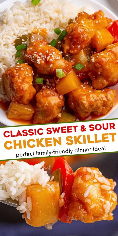 This Sweet and Sour Chicken Skillet is the perfect family dinner! Chicken is fried until crispy, added to a skillet with sautéed bell peppers, onions and pineapple, and tossed in an amazing takeout style sweet and sour sauce! #sweetandsour #chicken #chinese #takeout Dinner Recipes With Turkey, Recipes With Turkey Bacon, Sweat And Sour Chicken, Dinner Recipes Turkey, Recipes With Turkey, Chicken Chinese, Homemade Chinese Food, Sweet And Sour Chicken, Chicken Skillet