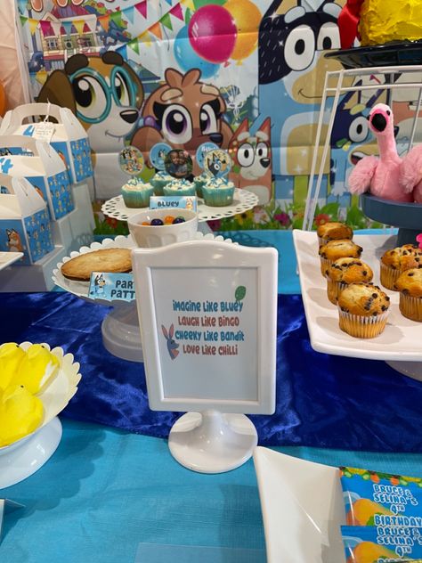 Bluey Party Food Table, Bluey Dessert Table, Bluey Food Ideas, Bluey Birthday Party Food, Bluey Party Food, Bluey Party, Rainbow Party Decorations, Disney Birthday Party, Second Birthday Ideas