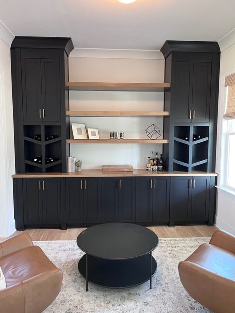 Built in Bars - Autumnwood Designs Built In Bar Buffet, Living Room Bar Built In, Built In Wall Unit Dining Room, Built In Bar Nook Wall Shelves, Social Room Ideas, Black And Wood Built In Shelves, Built In Shelves With Bar, Black And Wood Built In, Ikea Built In Bar Hack