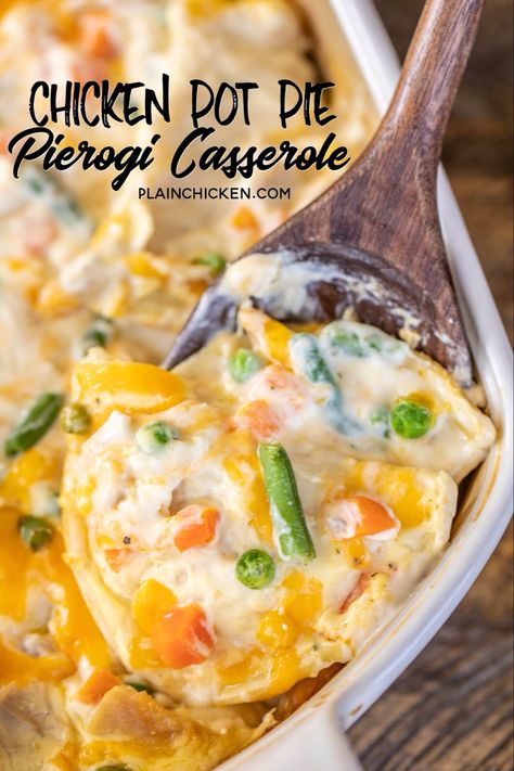 Chicken Pot Pie Pierogi Casserole - comfort food at its best! All you need is a few biscuits and dinner is done! Can make ahead of time and refrigerate or freeze for later. Pierogis, cream of chicken soup, sour cream, mixed vegetables, cheddar cheese, chicken, garlic, onion, salt and pepper. Everyone LOVES this easy casserole. Even our picky eaters cleaned their plate. #casserole #chicken #chickenpotpie Pierogi Meals, Cheddar Cheese Chicken, Pierogi Recipes, Pierogi Casserole, Perogies Recipe, Casserole Chicken, Pierogi Recipe, Chicken Garlic, Cheeseburger Sliders