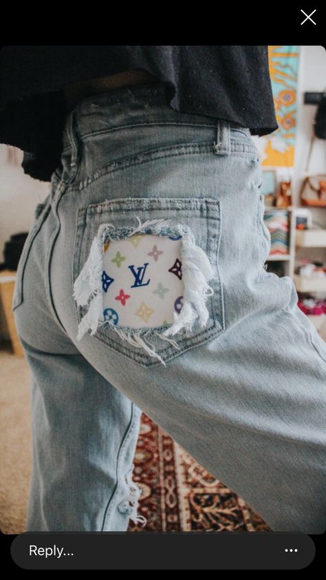 Louis Vuitton custom pants Louis Vuitton Custom, Patched Jeans Diy, Diy Ripped Jeans, Denim Pins, Reworked Clothes, Denim Diy Clothes, Trash To Couture, Custom Pants, Fringe Fashion