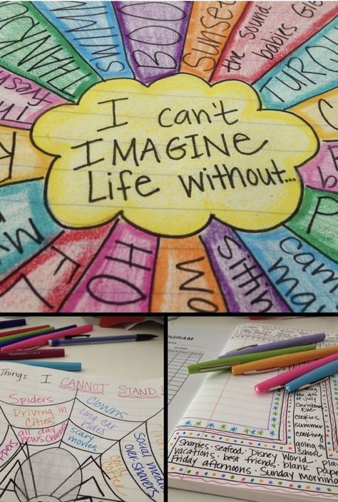 Give the children a piece of paper that says “I can’t imagine life without” in the center of the page, and then have the students write all over the page what they cannot live without. 5th Grade Writing, 3rd Grade Writing, 4th Grade Writing, Writer's Workshop, Teaching Ela, Teaching Language Arts, Ideas Craft, Teaching Middle School, Writer Workshop