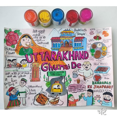 Uttrakhand Culture Drawing, Doodle Art Indian Culture, Uttarakhand Drawing, Uttarakhand Culture Painting, Desi Journal Ideas, Uttrakhand Art, Indian Doodle, Place Painting, Art Competition Ideas