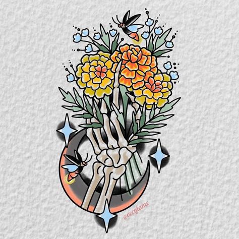 Jenny Boulger on Instagram: "A bouquet of Marigolds & Baby’s Breath to take with you into the eternal night 🌙 This is a bigger one, at least 7”x4”. Would look great on a leg or upper arm. Can also be done in black & grey." Marigold Flower Tattoo Traditional, Halloween Floral Tattoo, Marigold Tattoo, Tattoos Flowers, Ipad Inspo, Daisy Tattoo, Halloween Floral, Flash Tattoos, Marigold Flower