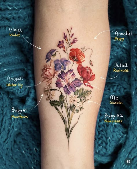 Violet Flower Tattoos, Violet Tattoo, Poppy Flower Tattoo, Rose Shoulder Tattoo, Bts Tattoos, Mommy Tattoos, Poppies Tattoo, Sunflower Tattoos, E Tattoo