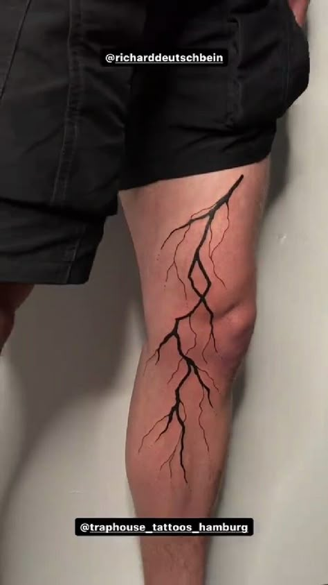 Lightning Leg Tattoo Men, Lightning Tattoo Leg Men, Lighting Tattoo On Leg, Lightning Bolt Leg Tattoo, Lightning Leg Tattoo, Lightning Tattoo Men, Ak47 Tattoo, Calf Tattoo Ideas, Tattoo Perna