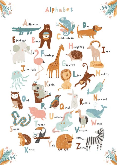 Animal Alphabet Nursery, Abc Animals, Playroom Decoration, Alphabet Prints, Print Alphabet, Nursery Illustration, Abc Art, Abc Print, Preschool Activities Toddler