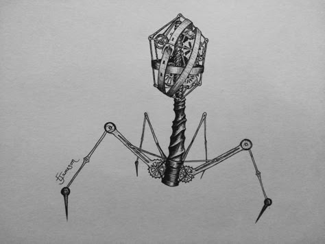 Tattoos For Scientists, Forensics Tattoo, Bacteriophage Drawing, Bacteriophage Tattoo, Science Tattoos Biology, Microbiology Tattoo, Biology Tattoo Ideas, Biology Tattoos, Virus Drawing