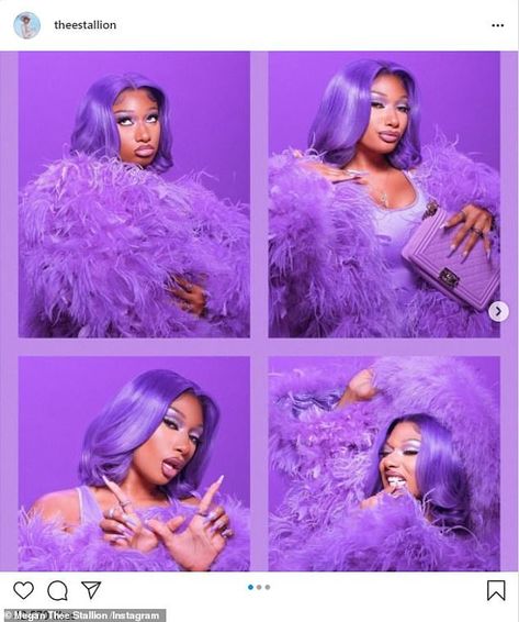 Megan Thee Stallion pops in purple wig and bodysuit as she counts down to her birthday Purple Photoshoot, Tina Snow, Aquarius Girl, The Meg, Miss Girl, Purple Wig, Megan Thee Stallion, Purple Outfits, Photoshoot Themes