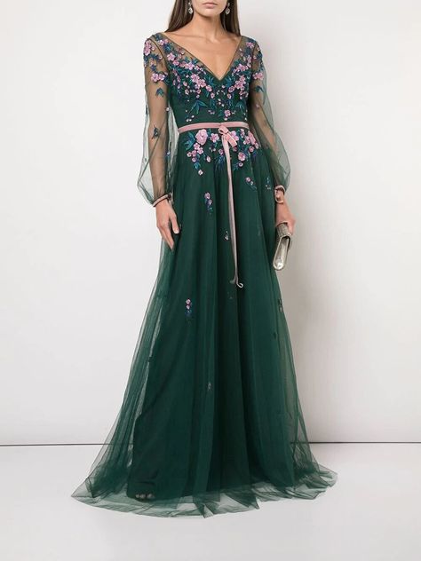 Bishop Sleeve Beaded Gown – Marchesa Tulle Long Dress, Gown Skirt, Sleeve Gown, Designer Evening Gowns, Atelier Versace, Naeem Khan, Dressy Dresses, Beaded Gown, Tea Length Dresses