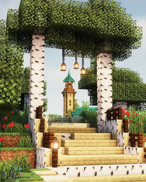 Minecraft Village Entrance Ideas, Minecraft Birch Builds, Minecraft Village Entrance, Minecraft Zoo Entrance, Minecraft Village Center, Minecraft Entrance, Entrance Minecraft, Minecraft Church, Survival Minecraft