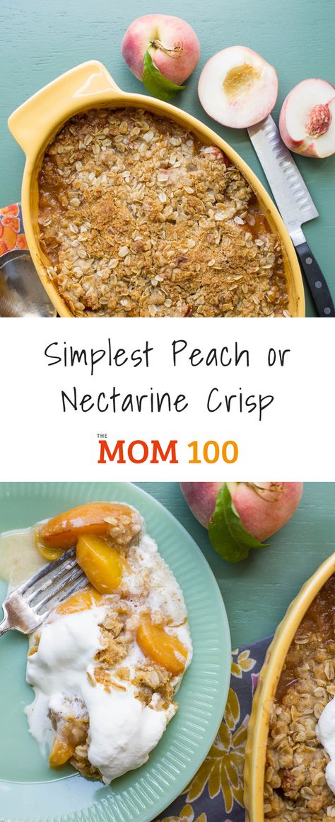 Simplest Peach or Nectarine Crisp / It’s all about the fruit. Any stone fruit will be great here, as long as it’s perfectly ripe and sweet (but not too soft). Besides peaches and nectarines, plums and any kind of berries are perfect, though the cooking time for berries might be a little shorter. Peach And Nectarine Crisp, Peach And Nectarine Cobbler, Nectarine Crumble Recipe, Ripe Nectarines Recipe, Over Ripe Nectarine Recipes, White Nectarine Recipes, Nectarine Recipes Healthy, Nectarine Dessert, Nectarine Crumble