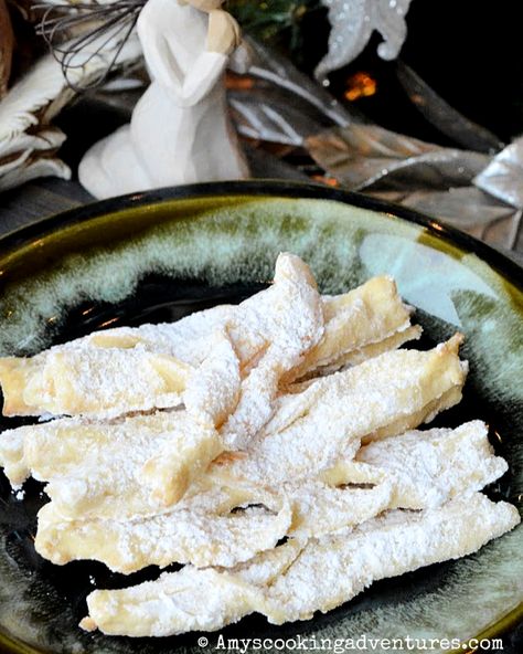 Amy's Cooking Adventures: Baked Angel Wings (Polish Chrusciki) Angel Wings Dessert, Chrusciki Recipe, Angel Wing Cookies, Hungarian Cookies, Polish Cookies, Ali D'angelo, Christmas Cookie Recipes Holiday, Polish Desserts, Hungarian Recipes