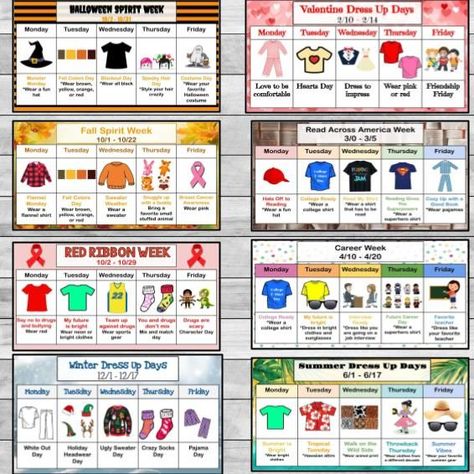 Summer Spirit Week Ideas, Dress Up Day Ideas Spirit Weeks, Employee Appreciation Gifts Diy, Holiday Spirit Week, School Spirit Ideas Pep Rally, Spirit Weeks, Spirit Week Themes, Spirit Day Ideas, Dress Up Days