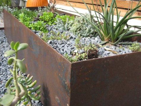 Corrugated Metal Fence, Outdoor Studio, Metal Fence Panels, Raised Garden Planters, Corten Steel Planters, Backyard Plan, Trough Planters, Modern Residence, Steel Planters