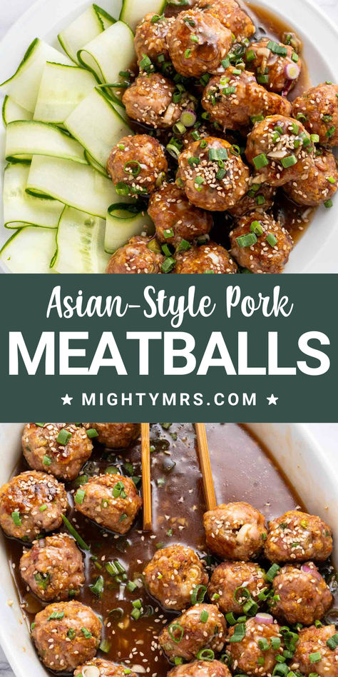 Asian-style homemade pork meatballs are seasoned with ginger and coated in a thick ginger-mirin glaze that's both salty and sweet. Pair with rice and a veggie for an easy healthy dinner or meal-prep lunch. This dish is anything, but boring. Amazing flavor and texture in every bite! Asian Style Meatballs, Asian Pork Meatballs, Meatball Bowl, Pork Meatball, Traditional Asian Dish, Asian Pork, Prep Lunch, Pork Meatballs, Healthy Appetizer Recipes