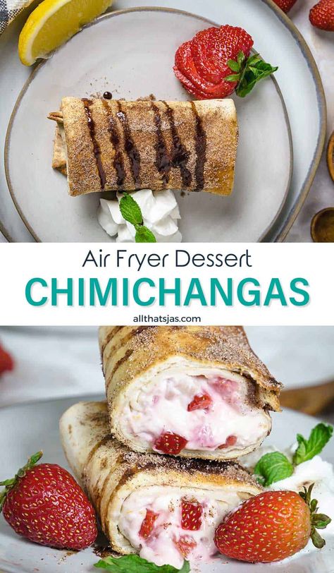 Air-fried Strawberry Cheesecake Chimichangas are tortillas filled with a creamy cheesecake filling, fresh strawberries, and cinnamon sugar coating. It's a quick-fix treat for those last-minute sugar cravings. | allthatsjas.com | #airfryer #dessert #chimichangas #strawberries #tortillas #creamcheese #cheesecake #burritos #taquitos #Mexican #texmex #sweettreat #allthatsjas #recipes #friedcheesecake #xangos #rollups Xangos Mexican Dessert, Low Carb Tortilla Dessert Recipes, Tortilla Dessert Recipes Air Fryer, Cheesecake Burrito, Dessert Chimichanga Recipe, Dessert Chimichanga, Chimichangas Recipes, Mexican Themed Christmas, Cheesecake Chimichangas Recipe