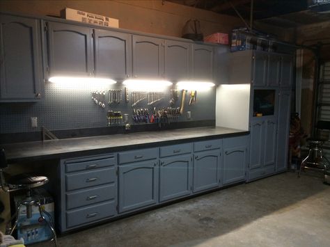 Refurbished kitchen cabinets for the ultimate work bench! Kitchen Cabinets In Garage, Refurbished Kitchen Cabinets, Garage Closet, Garage Floor Paint, Old Kitchen Cabinets, Kitchen Cabinets Diy, Garage Renovation, Garage Storage Solutions, Garage Organization Diy