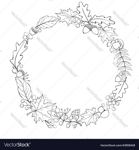 Woodland Wreath Illustration, Forest Wreath Drawing, Spring Wreath Drawing, Fall Vector Illustrations, Autumn Wreath Drawing, Acorn Doodle, Burning Hats, Burnt Hats, Forest Wreath